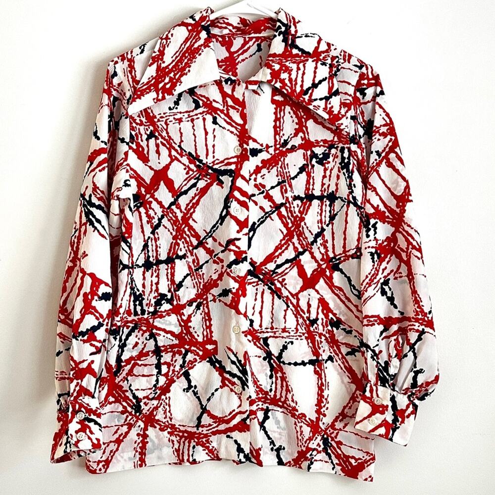 Vintage 70s Handmade Paint Splatter Blouse Dagger Collar Lantern Sleeve Women M